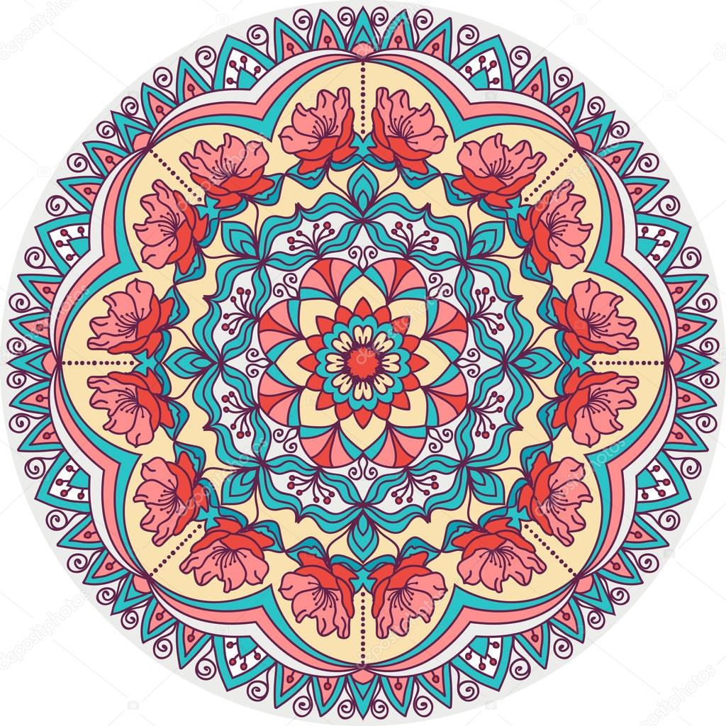 Seamless colorful floral hand drawn pattern with mandala. 