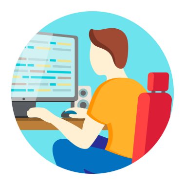 Düz stil ikonu ile bilgisayar kullanarak bir proje kodlama genç bir programcı