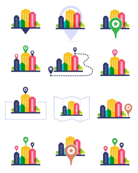 Set of colorful city location icons — Stock Vector