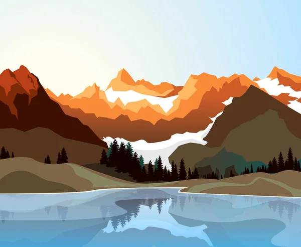 Плоская иллюстрация ландшафта с горами, реками и небом — стоковый вектор