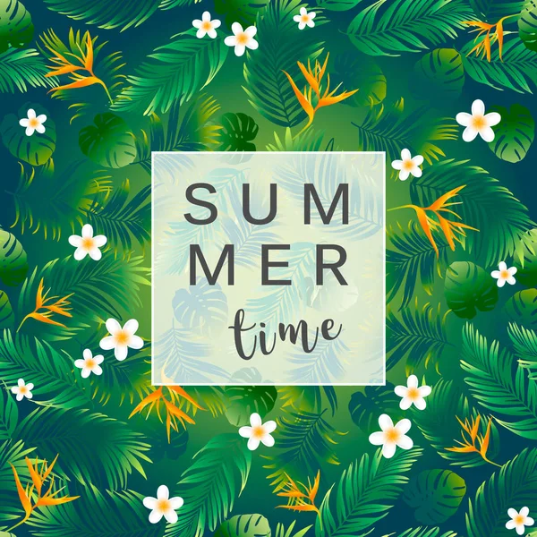 Summer time banner with palm leaves and tropical flowers — Stock Vector