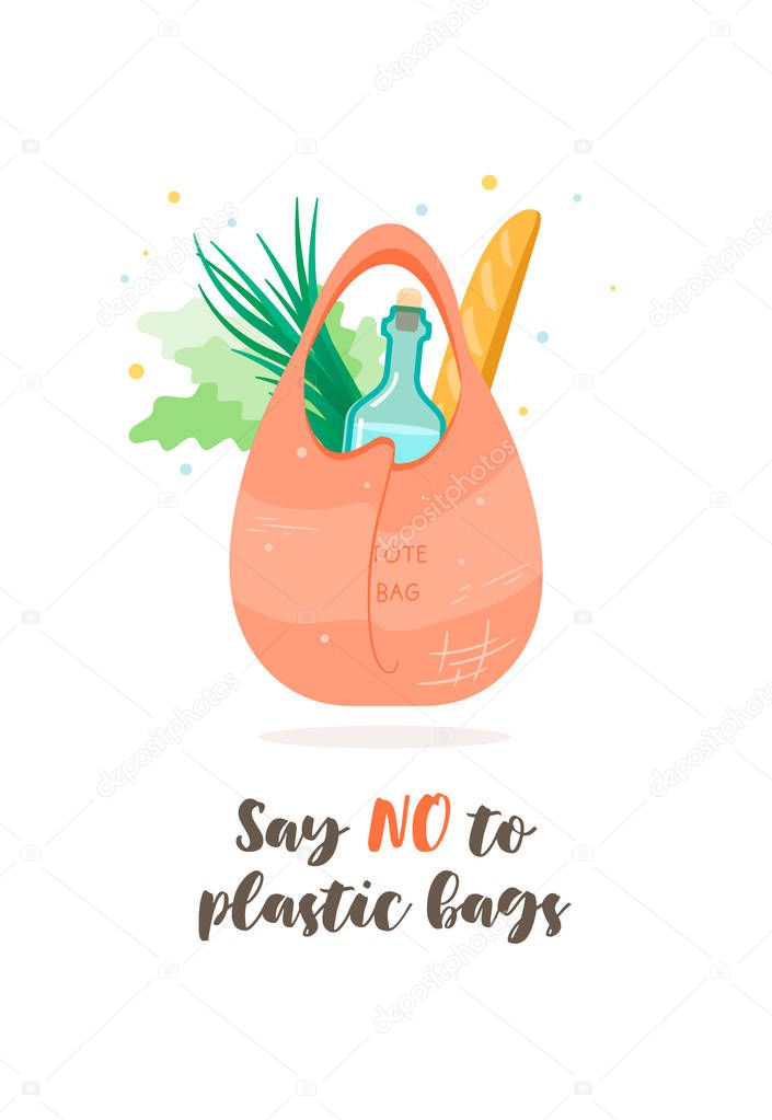 Eco bag vector. Say no to plastic bags. Ecological shopping concept with slogan. Eps 10 vector illustration. Sustainable shopping. Tote bag.