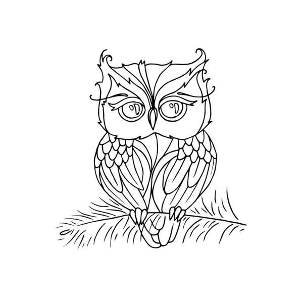 Симпатичная сова сидит на еловом позднем завтраке EPS 10 векторной иллюстрации. Линейное искусство. Черно-белый рисунок совы для окраски
.