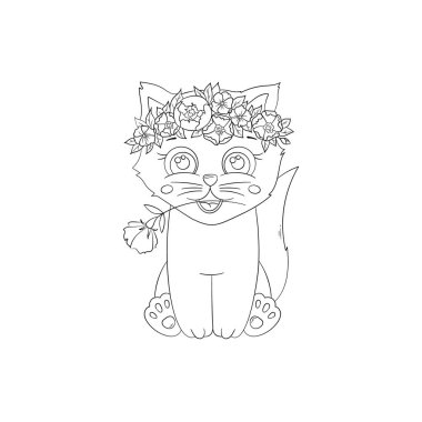 Vektör el, çiçek çelengi ve boyamak için ağzında bir çiçek olan sevimli bir kedi yavrusu çizdi. Çizgi çalışması. Elle çizilmiş siyah beyaz. Grafik sanatları. Eps 10 vektör illüstrasyonu.