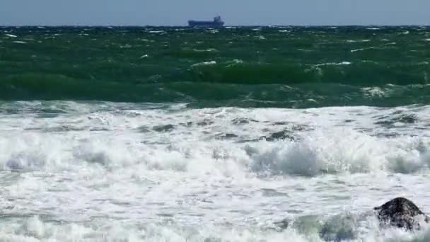 Una Fuerte Tormenta Mar Olas Espuma Blanca Rodando Playa Arena — Vídeos de Stock