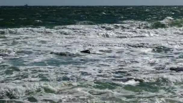 Сильний Шторм Море Хвилі Білої Піни Прокатки Піщаному Пляжі Чорне — стокове відео