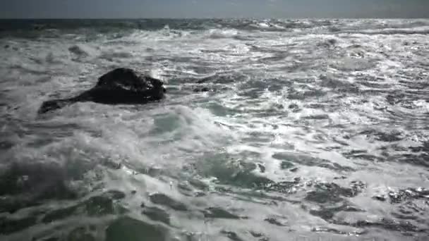 Una Fuerte Tormenta Mar Olas Espuma Blanca Rodando Playa Arena — Vídeos de Stock