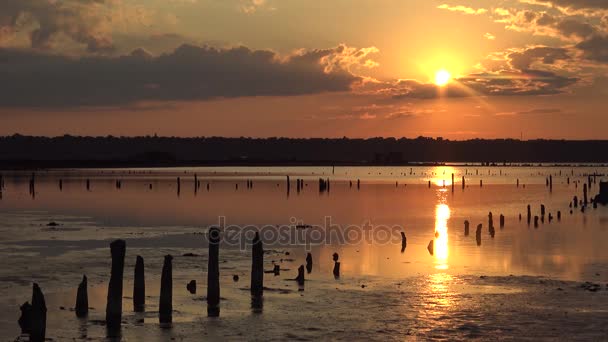 Puesta de sol roja sobre el estuario de Hadzhibey, reflejo en el agua de las nubes — Vídeos de Stock