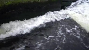 Kirli su borudan doğal bir su birikintisi içine akar. Çevre kirliliği. Kanalizasyon, arıtma tesisleri, kirli köpük, bakteri.