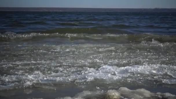 Σπασμένο Πάγο Που Επηρεάζονται Στη Ζώνη Σερφ Στη Λίμνη — Αρχείο Βίντεο