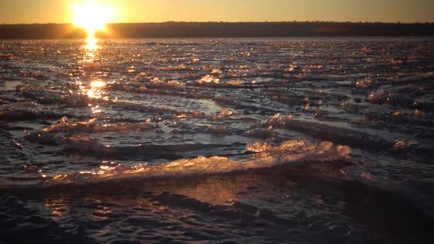 Red Sunset Frozen Water Patterns Snow Ice Tiligul Estuary Ukraine — Stock Video