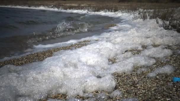 Espuma Superficie Del Agua Orilla Del Embalse Contaminación Del Embalse — Vídeo de stock