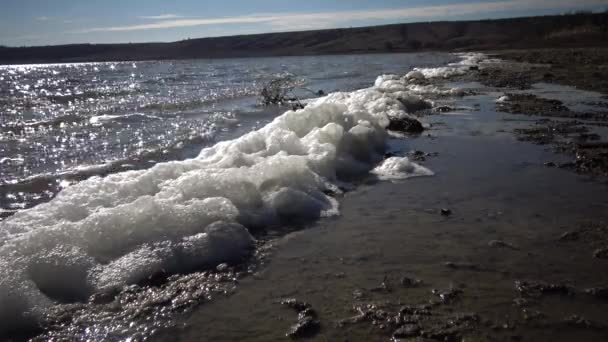 Грязная Пена Воде Берегу Моря Эвтрофикация Загрязнение Водохранилища Экологическая Проблема — стоковое видео