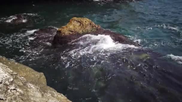 Zwarte Zee Water Spatten Rond Een Steen Bedekt Met Algen — Stockvideo