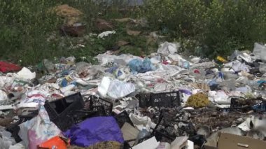 Baraj gölünün kıyısında bir yığın plastik çöp. Çevre kirliliği. Doğanın ekolojisi, düzensiz çöplük. Ukrayna, Khadzhibey kıyıları (Khadzhibeyskyi Liman).