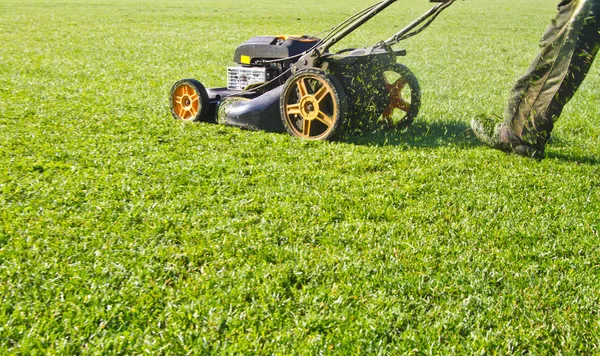 Кошение травы на футбольном стадионе — стоковое фото