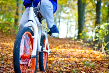 Gençler ormanda sağlıklı aktif yaşam tarzı düşük açılı görünümü yakın ağır çekim bir Bmx bisiklet sürme