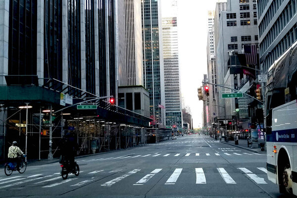 New York, USA - April 2020. The deserted streets of central New York during the COVID-19 quarantine
