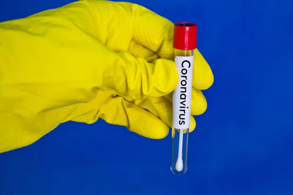 Hand Yellow Medical Rubber Gloves Holding Test Tube Red Blood — Stock Photo, Image