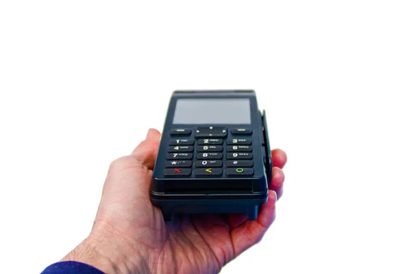 Mão Está Segurando Terminal Pagamento Cartão Crédito Fundo Branco — Fotografia de Stock