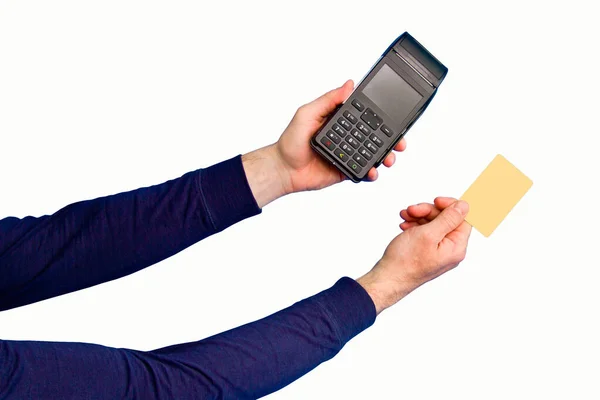 Male Hand Holding Yellow Credit Card Payment Terminal White Background —  Fotos de Stock