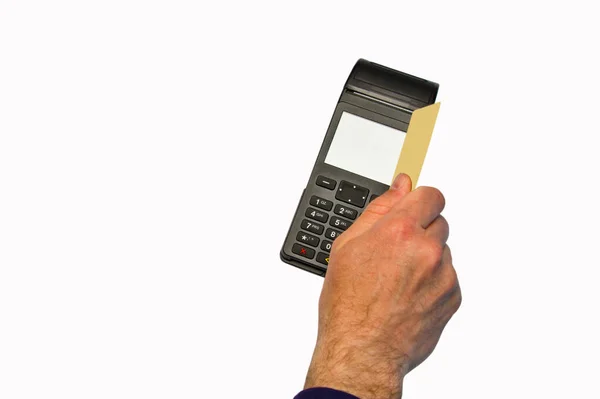 Die Hand Hält Eine Kreditkarte Auf Dem Zahlungsterminal Isoliert Auf Stockbild