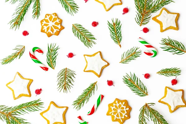 Karácsonyi minta a cookie-kat és zöld ág — Stock Fotó