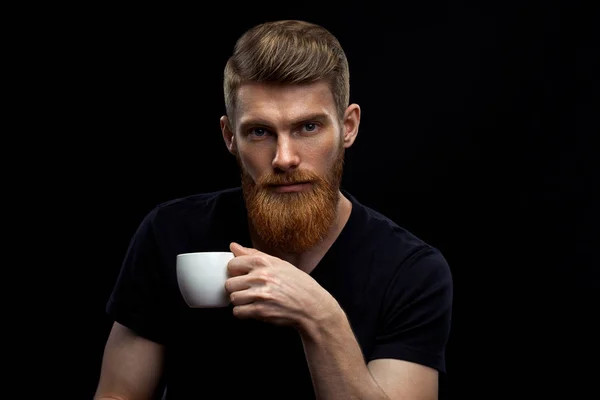 Perfect hairstyle bearded man drinking espresso — Stock Photo, Image