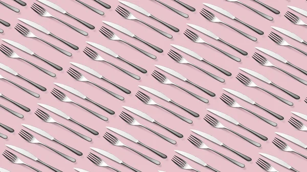 Knife and fork flat lay pattern on pastel pink background. Many