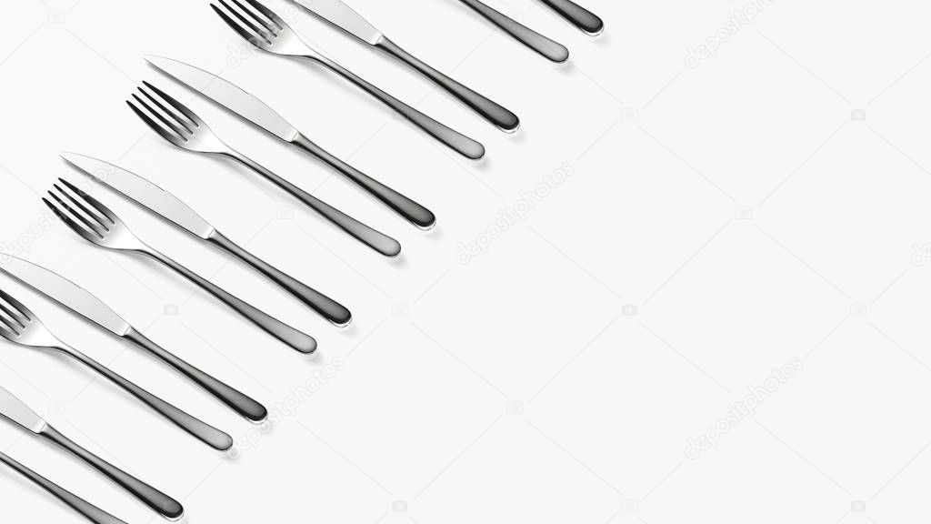 Knife and fork flat lay pattern isolated on white background. Many metallic forks, and knives top view concept. Background for menu. Restaurant backdrop. Creative top view pattern.