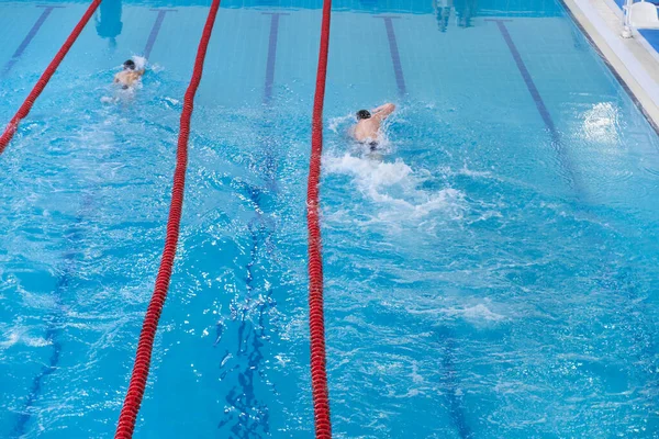 Children swim in the pool.  Unidentified young swimmers. Top view shot. The concept of a healthy lifestyle. Child practice water sport. Young swimmers competition.