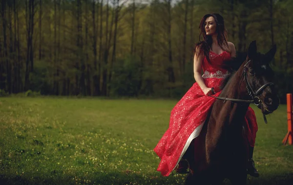 Belle jeune femme habillée robe médiévale monte cheval brun — Photo