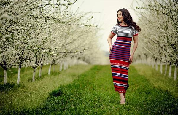 Muchacha de primavera.Hermosa modelo con corona de flores en su cabeza.Primer retrato de romántica señora morena sensual con ojos azules y pelo largo y brillante.Princesa soñadora en vestido de encaje mirando lejos . — Foto de Stock