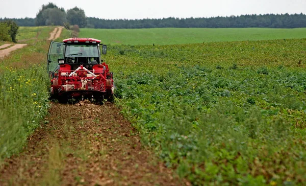 Трактор готовит землю к посеву. Трактор с культиватором обрабатывает поле перед посадкой. Подготовка земли к посеву весной, фермер на тракторе . — стоковое фото