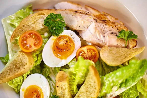 Chicken salad with leaf vegetables, chard, eggs, bulgur and cherry tomatoes. Chicken Caesar Salad. Caesar Salad with grilled chicken on plate. Grilled chicken breasts and fresh salad in plate. — Stock Photo, Image