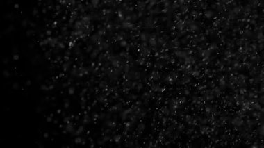 Bora Rüzgar kar. Küçük beyaz parçacıklar kar, kar fırtınası veya Noel sihirli bir evren benzetimini yapmak için siyah arka plan üzerinde hava akışı. 240 fps hızında filme