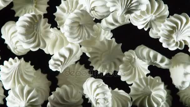 Enjoying Sweet Delicacies Meringue Small White Sweet Cakes Flying Air — Stock Video