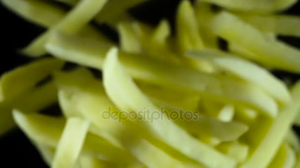 French Fries Fly Camera Dark Background — Stock Video