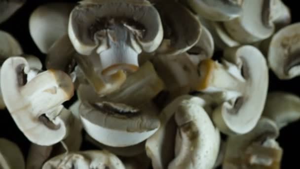 Cut Mushrooms Enter Frame Sliced Mushrooms Thrown Camera Black Background — Stock Video