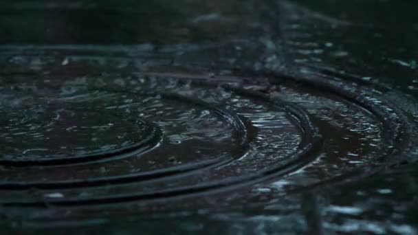 Краплі Дощу Падають Місто Бічна Доріжка Повільний Рух — стокове відео