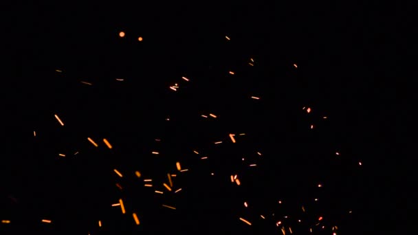 活跃产生明亮的火花 明亮的红热火花在黑色背景上以不同的速度随机移动 以240毫秒的速度拍摄 — 图库视频影像