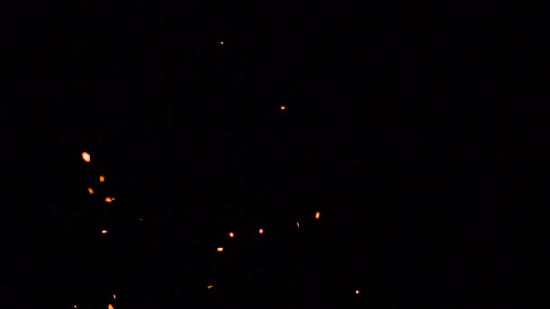 飞行火花的混沌轨迹 明亮的红热火花在黑色背景上以不同的速度随机移动 以240毫秒的速度拍摄 — 图库视频影像