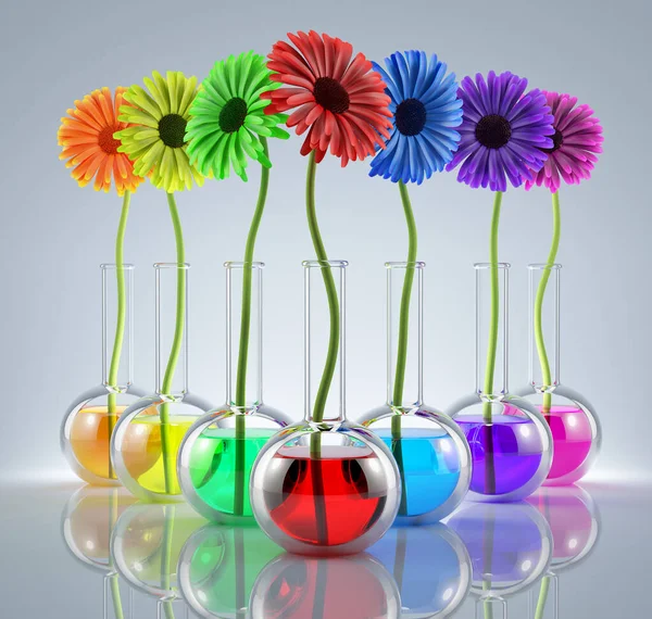 Flowers Laboratory Flasks Liquids Different Colors — Stock Photo, Image