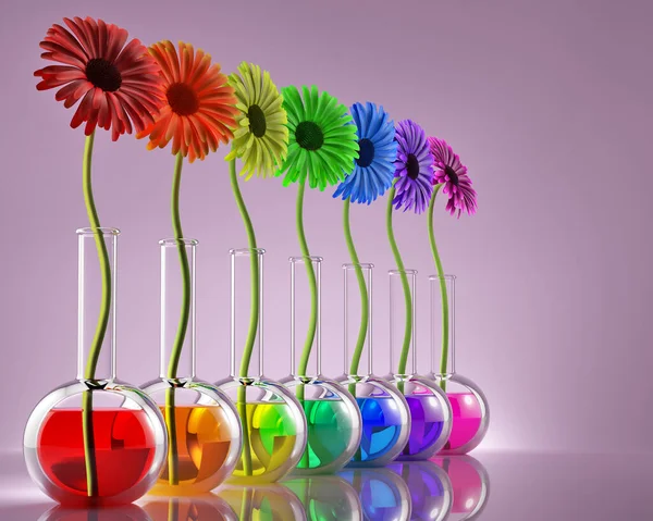 Laboratuvar Şişe Sıvı Farklı Renkler Ile Çiçek — Stok fotoğraf