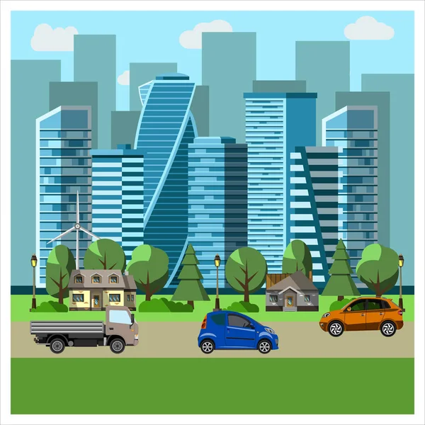 Paisaje urbano con rascacielos — Vector de stock