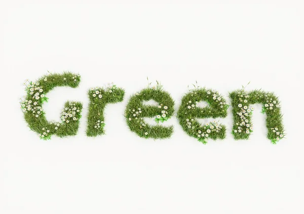 Зеленое слово, напечатанное цветами и травой — стоковое фото
