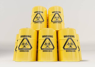 Sarı metal varil ile siyah biyolojik tehlike uyarı işareti