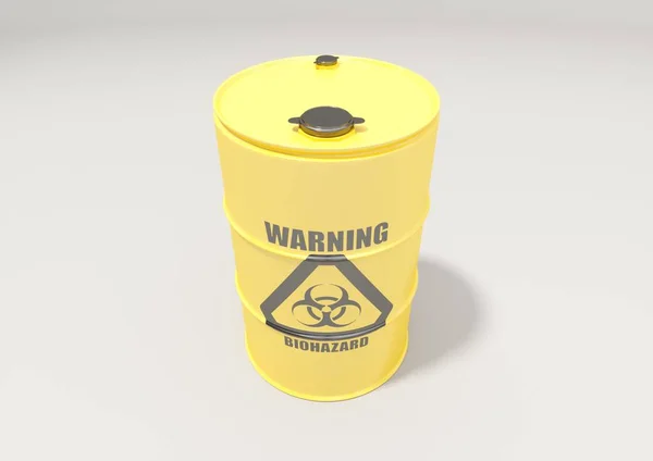 Barril de metal amarelo com sinal de alerta de risco biológico preto Imagem De Stock