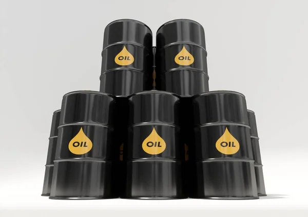 Schwarze Ölfässer aus Metall auf weißem Hintergrund lizenzfreie Stockfotos