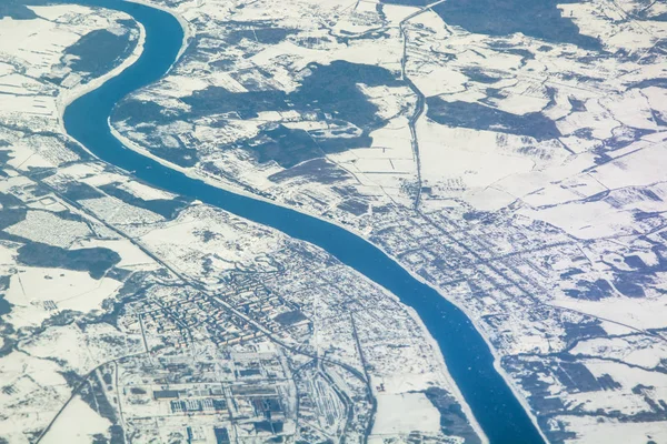 Surface Earth Airplane Window Fields Covered Snow Black Forest Cities — Stock Photo, Image